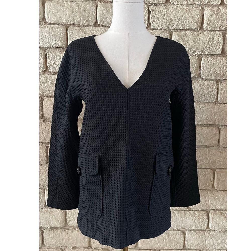 Leon Max Limited Edition Black Waffle Knit‎ V-Neck Tunic Top with Pockets Size S